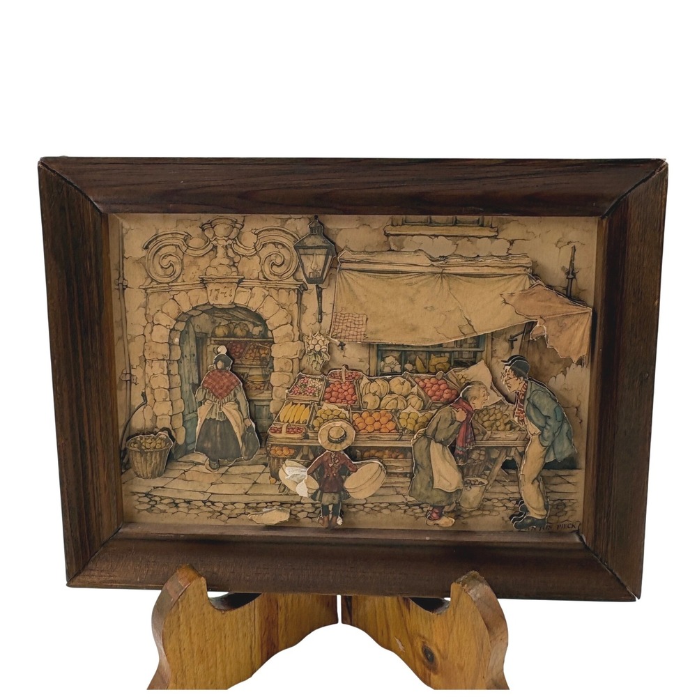 Vintage Anton Pieck 3D Shadow Box Art Market Scene Decoupage Donald Art Co Frame